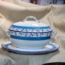 1870s Minton Majolica Dainty Flowers Turquoise & Blue Colors Tureen w Underplate picture