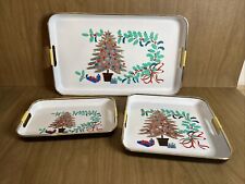 Vintage Lacquer Ware Christmas Tree Serving Trays Set Of 3 Holly Berry Japan picture