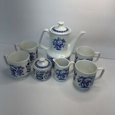 Vintage Japan Porcelain White & Blue Floral Pattern 7 Piece Coffee Set 1960s VGC picture