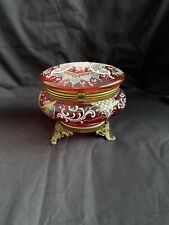 Antique Cranberry Glass Lidded Vanity Bowl With Beautiful Enamel Decoration picture