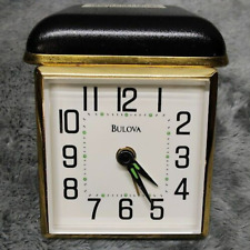 Vintage Bulova Travel Alarm Clock Folding Black Leather Case Wind Up - Works picture