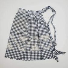 Vintage Gray Check Gingham White Embroidered Half Apron Retro MCM picture