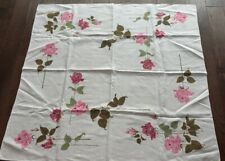 Mid Century Vintage Linen Tablecloth Pink Roses FLAWED picture