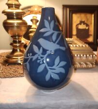 Blue Teardrop Ceramic Vase, Bird Perched On Limb, Two-tone, 10