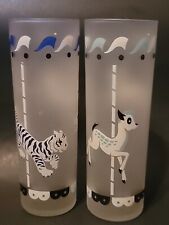 2 Vintage Libbey Carousel Tom Collins Tumbler Glass Frosted Tiger & Deer Fawn picture