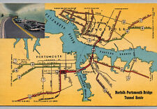 Postcard Norfolk VA Portsmouth Bridge Tunnel Route Virginia Map Old Cars 1954 picture
