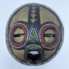 African Wooden Tribal Round Beaded Wall Art Mask Colorful Handcrafted 10 inch picture
