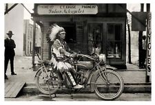 NATIVE AMERICAN CHIEF RIDING MOTORCYCLE OUTSIDE STORE 4X6 PHOTO picture