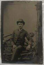 Antique 1/6 Plate Tintype Ferrotype Photo Circa 1870 - Seated Man In Hat picture