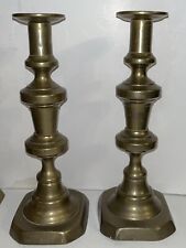 HUGE Antique 1850 Pair Queen Anne Spun Brass Push-up Candle Sticks picture