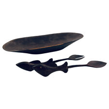 3 pc Vintage African Blackwood Hand Carved Bowl and Fish Utensils Tanzania picture