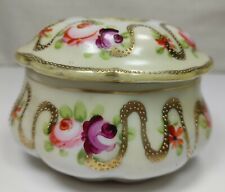 Antique Hand Painted Gold Swirl Flowers Porcelain Vanity Hair Receiver Box picture