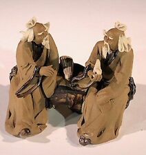 2 Mud Men Sitting On Bench With Musical Instrument Ceramic Bonsai Figurine 2
