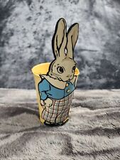 Easter Basket Bunny Rabbit Figurine Yellow Metal Tin Handle picture
