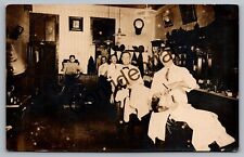 Real Photo Interior Barber Shop w/ Barber Bottles Shoe Shine & Mugs RP RPPC L79 picture