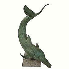 Vintage Dolphin Statue Figure Metal with Base Green Patina 19.5
