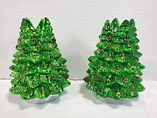 Christmas Tree 2 CandleStick Holders Vintage Holiday Painted Metal Pine Tapers picture