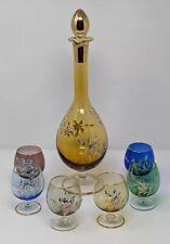 Hand Blown  1920's-1930's Italian Decanter With 6 Glasses Gold Trim Cordial Set  picture