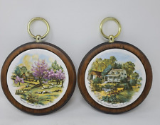 Set 2 Currier & Ives American Homestead Wall Plaques Wood Ceramic Plate Vintage picture