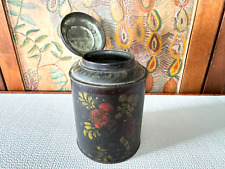 Antique Hand Painted Country Folk Art Tole Tinware Canister with Hinged Lid picture