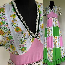 VTG 1960’s Prairie Boho Hippy Floral Pink Green Patchwork Kaftan Maxi Dress S M picture