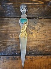 Vintage Aztec Tumi Malachite Hand Stamped Silver 9.25 Letter Opener Knife picture