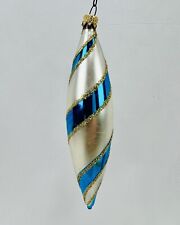 Vintage Thin Torpedo Teardrop Silver Blue Spiral Twist Glass Christmas Ornament picture
