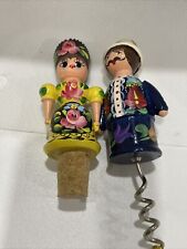 Vintage Wooden Wine Opener and Cork Stopper Hand Painted Man & Woman Colorful picture