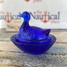 Cobalt Blue Mini Glass Duck Dish With Lid - Dark Blue Glass, Vintage Style Glass picture