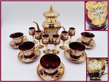 SET of MURANO Ruby Red Glass Heavy Gold Gilt Enamel Pitcher Cordial Cup Saucer picture