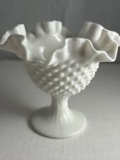 VTG Fenton White Milk Glass Hobnail Pedestal Bowl Compote-Ruffled Edge 5.5