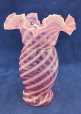 Fenton Cranberry Opalescent White Swirl OPTIC Ruffled  FAN Top Vase 6 1/2” picture