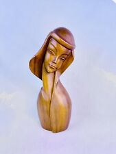 Vintage Carved Wood Woman Hawaiian Monkey Pod Mid Century Bust Madonna Sculpture picture