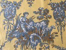 Antique French Country Life Figural Scenic Cotton Fabric~Yellow Blue Umber Brown picture