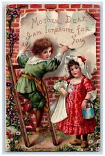 1914 Children Writing Paint Ladder Flowers Embossed Nazareth MI Antique Postcard picture