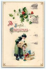 1914 Christmas Santa Claus Green Toys Suit Holly Berries Alexandria MN Postcard picture