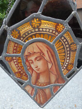Antique stained glass window panel religious madonna portrait picture