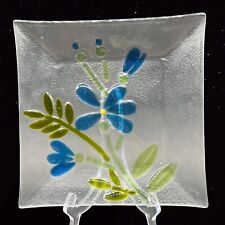 Vintage Fused Art Glass Charger Plate Platter Blue Flower Square 8.75”D Glass picture