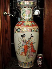 B) OLD Oriental Porcelain HAND PAINTED Vase Urn LADIES FLOWERS LG 25