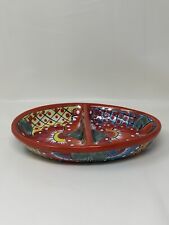 Mexican Ceramic Dish Divided Oval Shaped Signed Multicolor 9 1/2 Inch Long picture