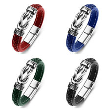 Men's Leather Braided Silver Bracelet Wristband Stainless Steel Wrist Bangle picture