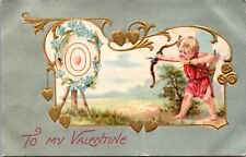 Valentine Postcard Winsch Back Cupid Bow Arrow Shoots Target Heart Silver Moire picture