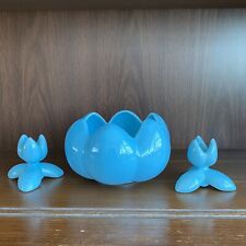 Vintage Camark Bowl Planter with 2 Candle Holders Teal Blue Lotus Flower Pottery picture