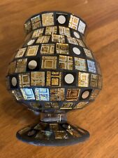 Hurricane Pedestal Glass Mosaic Candle Holder Black Gold Silver 6.75