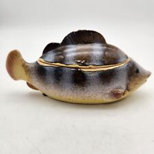 Vintage Glazed Pottery Fish Trinket Bowl Lid Handmade Unmarked 8