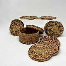 Vintage 1970's Woven Coaster Set of 12 with Lidded Storage Basket Asian Artsy picture