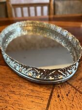Vintage Oval Silver Mirror Tray 8x13” Velvet On The Back picture