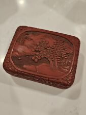 VTG Carved Lacquer Box Red Trees Mountainside Asian Cinnabar picture