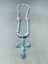 ICONIC NAVAJO BLUE GREEN TURQUOISE STERLING SILVER CROSS NECKLACE picture