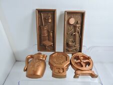 Molded plaster wall hangings set of 5 copper painted 1960's picture